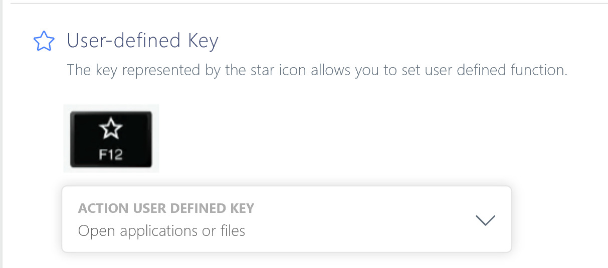 Screen capture of the User-defined Key controls in the Lenovo Vantage app, showing the Open applications or files option selected